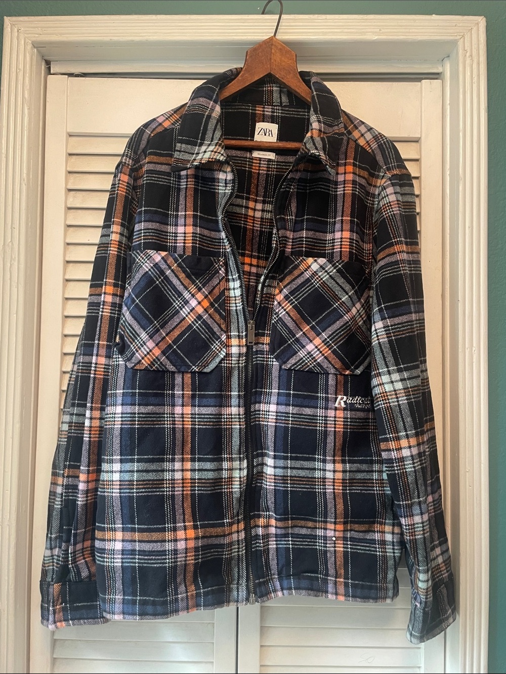 ZARA Men's Navy Plaid Button-Down Shirt Jacket with Orange and White Accents